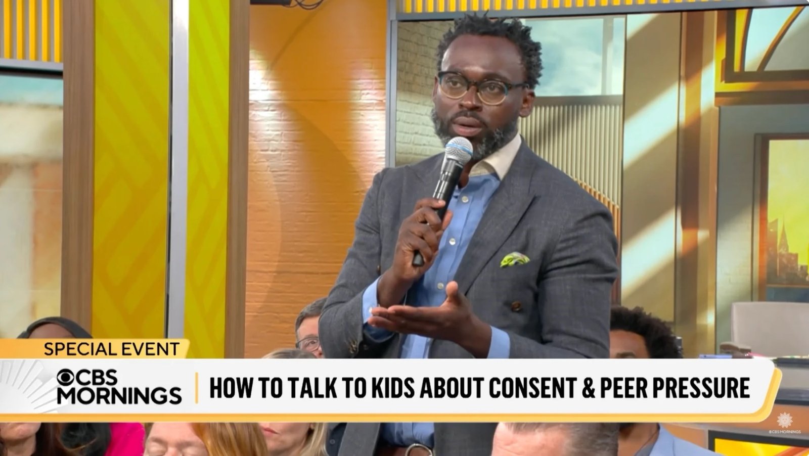 Jeff Lindor speaking on CBS Mornings during a special event on how to talk to kids about consent and peer pressure