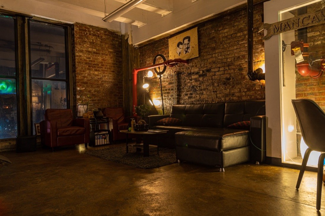 The lounge inside The Factory, Gentlemen's Factory's original Brooklyn space